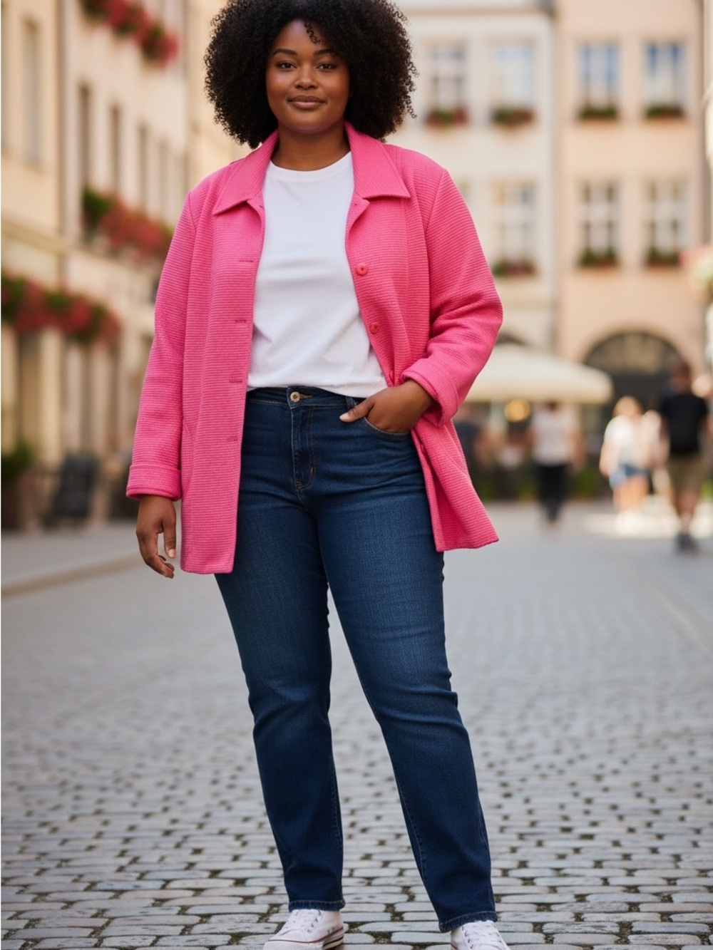 EUC Mikane Pink Textured Blazer Jacket Size 16 3/4 Sleeve Open Front